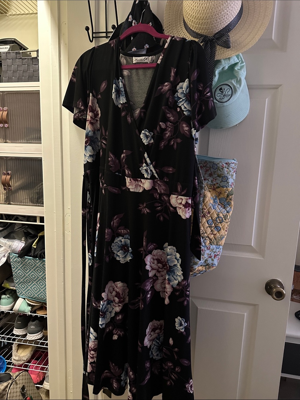 Amazon Black Midi Wrap Dress with Purple & Blue Floral Print